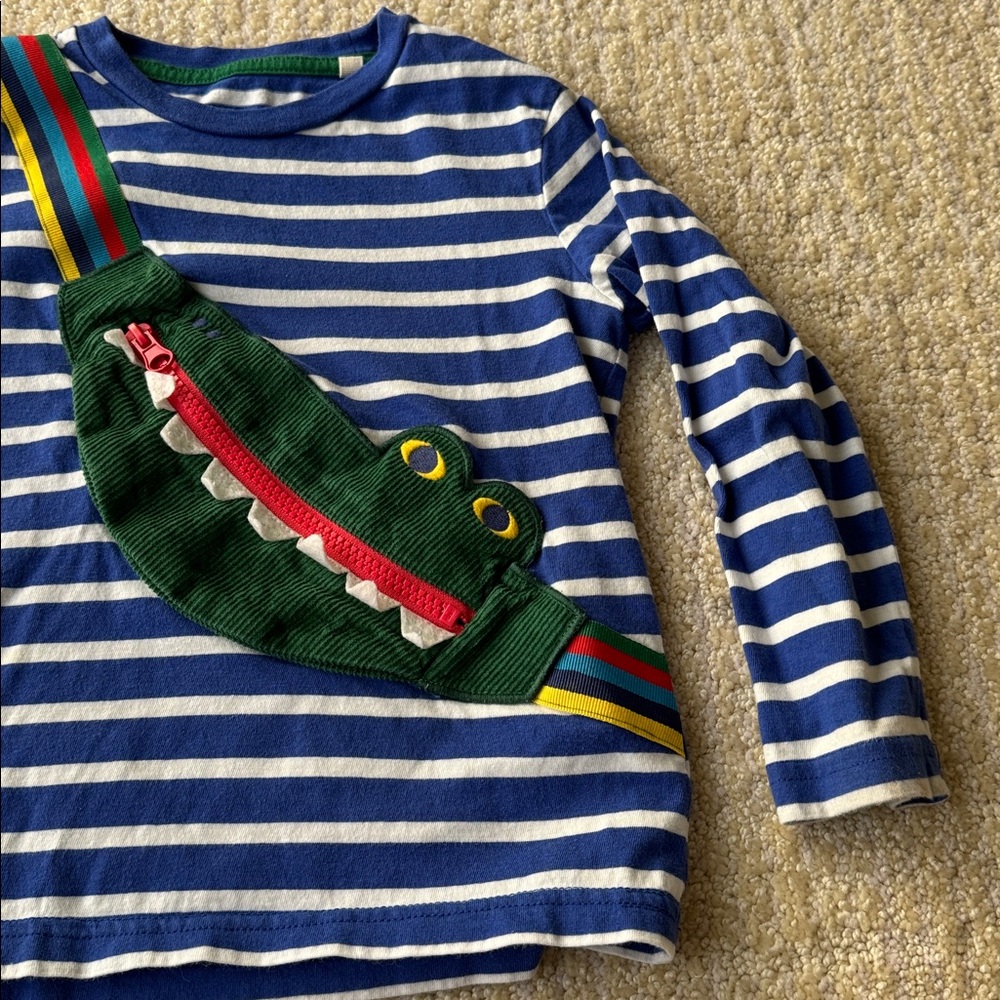 Mini Boden Blue Striped Shirt with Green Crocodile Accent - Picture 5 of 8